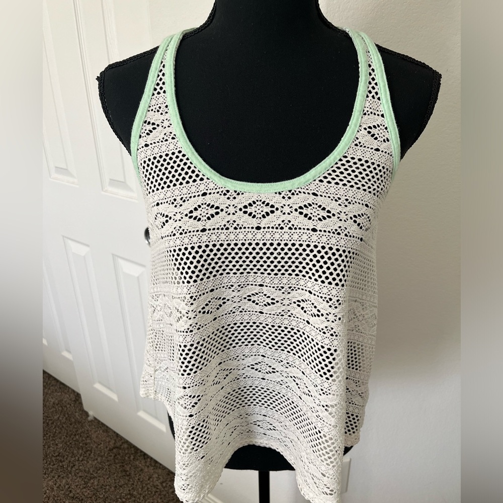 Aeropostale Lace Crochet Tank Top Cover-Up | Small | Mint Green & White